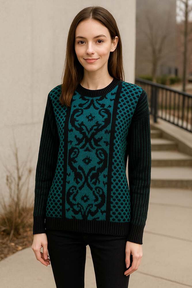 Vintage Claud 80s Black Teal Geometric Sweater Small Shoulder Pads